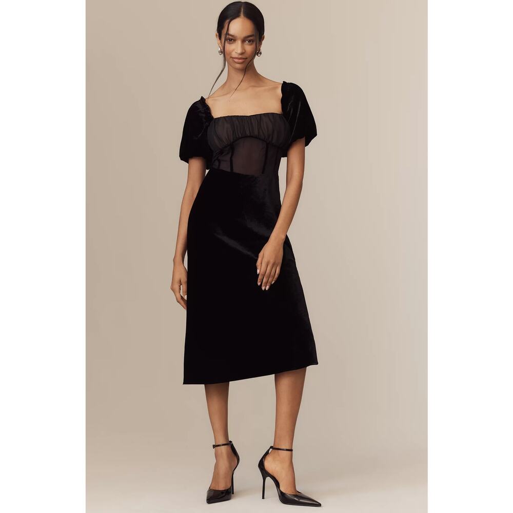 nwt ANTHROPOLOGIE MAEVE sz XS Puff-Sleeve Mesh Velvet Midi Dress